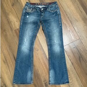 Rock Revival Liberty Easy Boot Jeans Medium Wash Studded Thick Stitch Blue 29